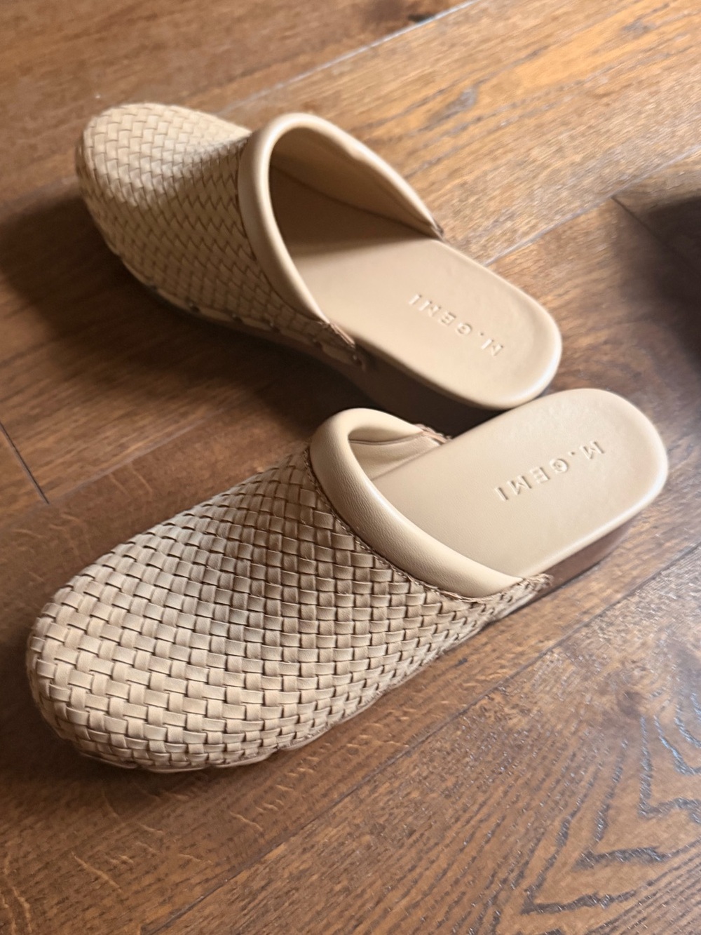 M. Gemi woven Italian leather clogs in Latte Nubuck ‘The Consuelo’
